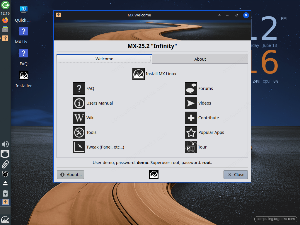 How to Install MX Linux (Step-by-Step with Screenshots) 2 MX Linux 25.2 Xfce live desktop running from USB with the MX Welcome window