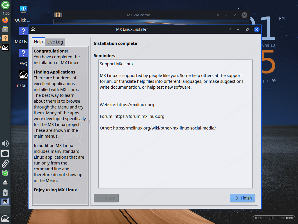 How to Install MX Linux (Step-by-Step with Screenshots) 7 MX Linux installer finished screen confirming a successful installation