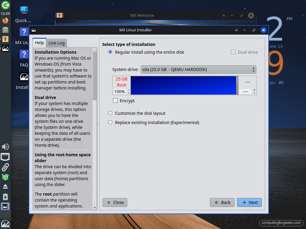 How to Install MX Linux (Step-by-Step with Screenshots) 4 MX Linux installer select type of installation with disk selection and partition slider