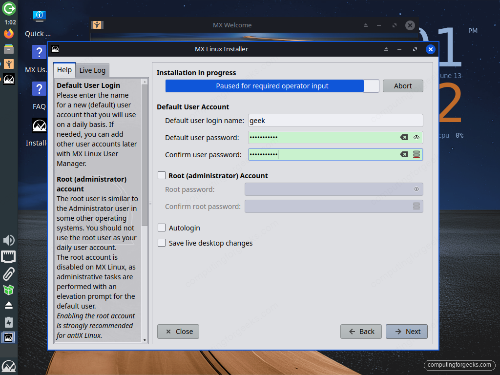 How to Install MX Linux (Step-by-Step with Screenshots) 6 MX Linux installer default user account name and password fields
