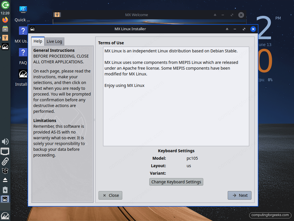 How to Install MX Linux (Step-by-Step with Screenshots) 3 MX Linux graphical installer welcome page with Terms of Use and keyboard settings