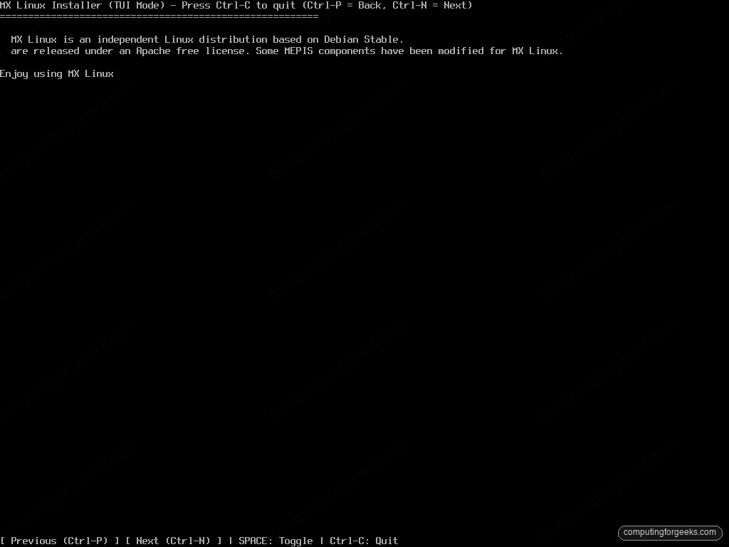 How to Install MX Linux (Step-by-Step with Screenshots) 8 MX Linux 25.2 text-mode TUI installer running in a console