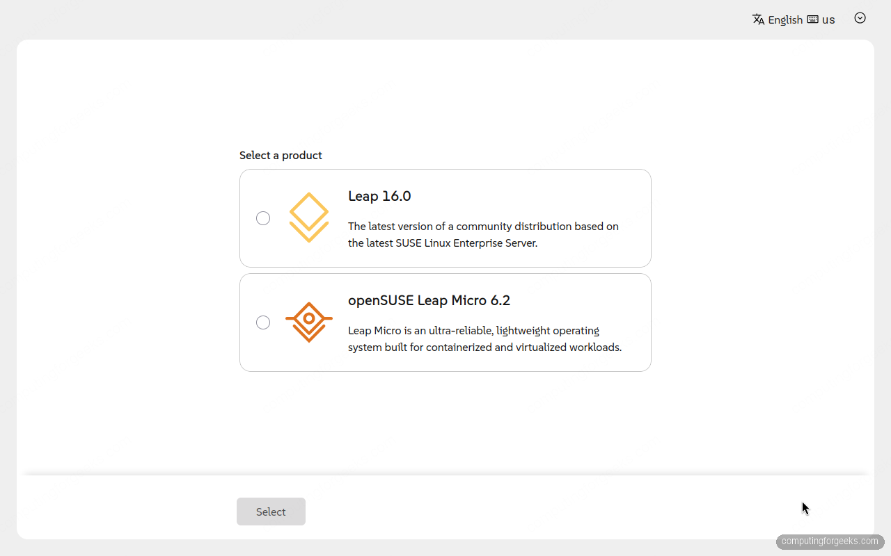 Install openSUSE Leap 16 Step-by-Step with Screenshots 2 openSUSE Leap 16 Agama installer product selection screen showing Leap and Leap Micro