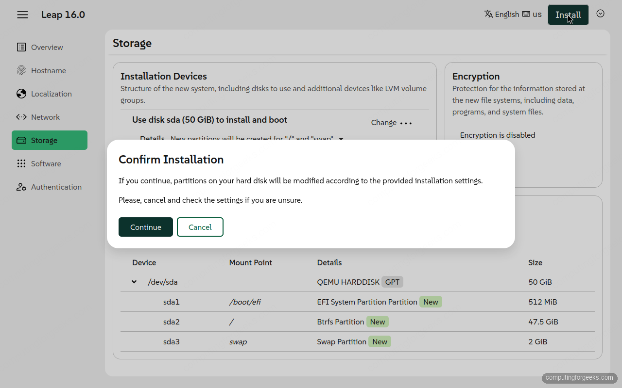 Install openSUSE Leap 16 Step-by-Step with Screenshots 7 openSUSE Leap 16 confirm installation dialog