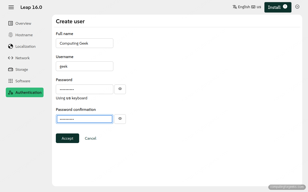 Install openSUSE Leap 16 Step-by-Step with Screenshots 6 openSUSE Leap 16 Agama create first user form