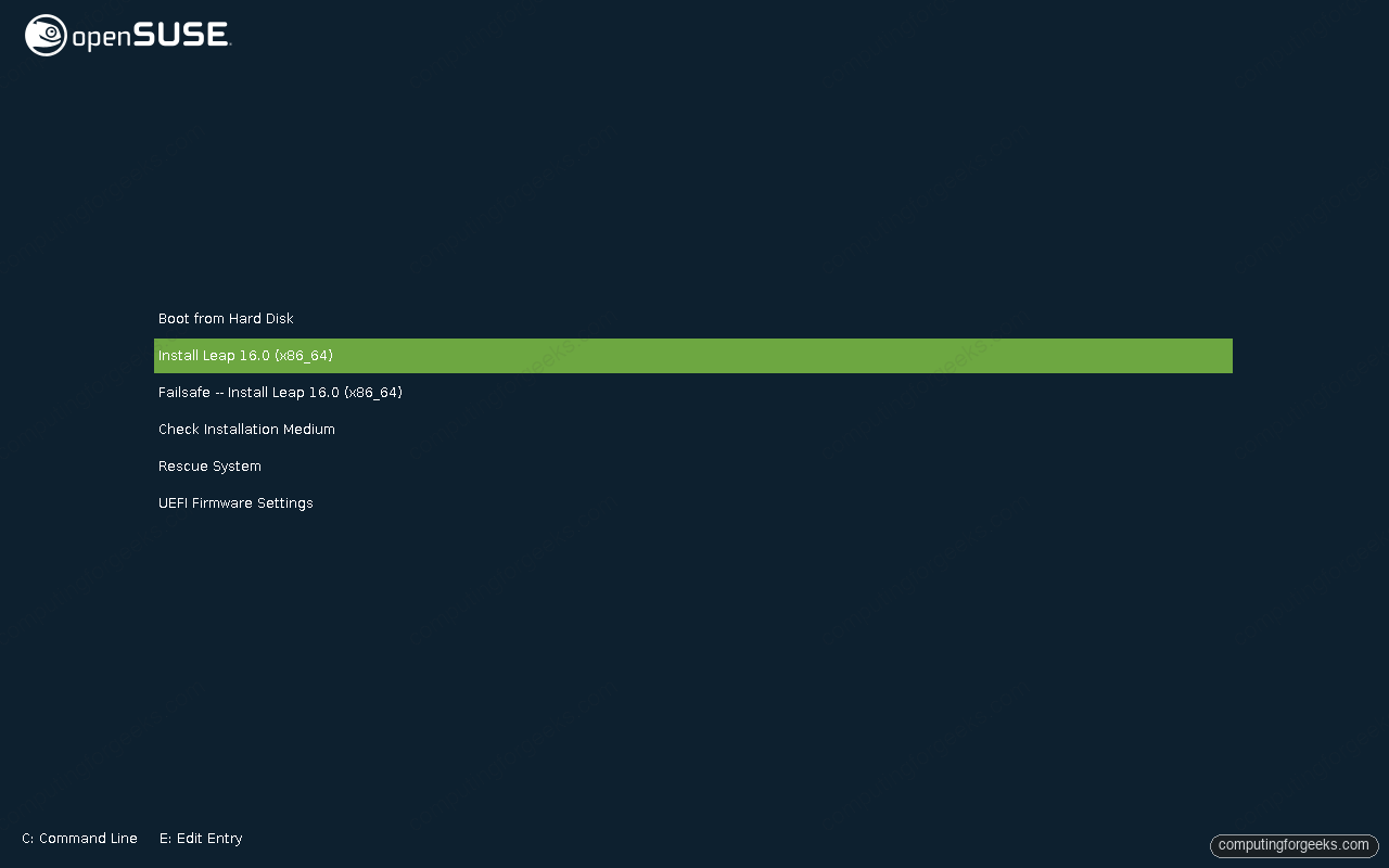 Install openSUSE Leap 16 Step-by-Step with Screenshots 1 openSUSE Leap 16 GRUB boot menu with the Install entry highlighted