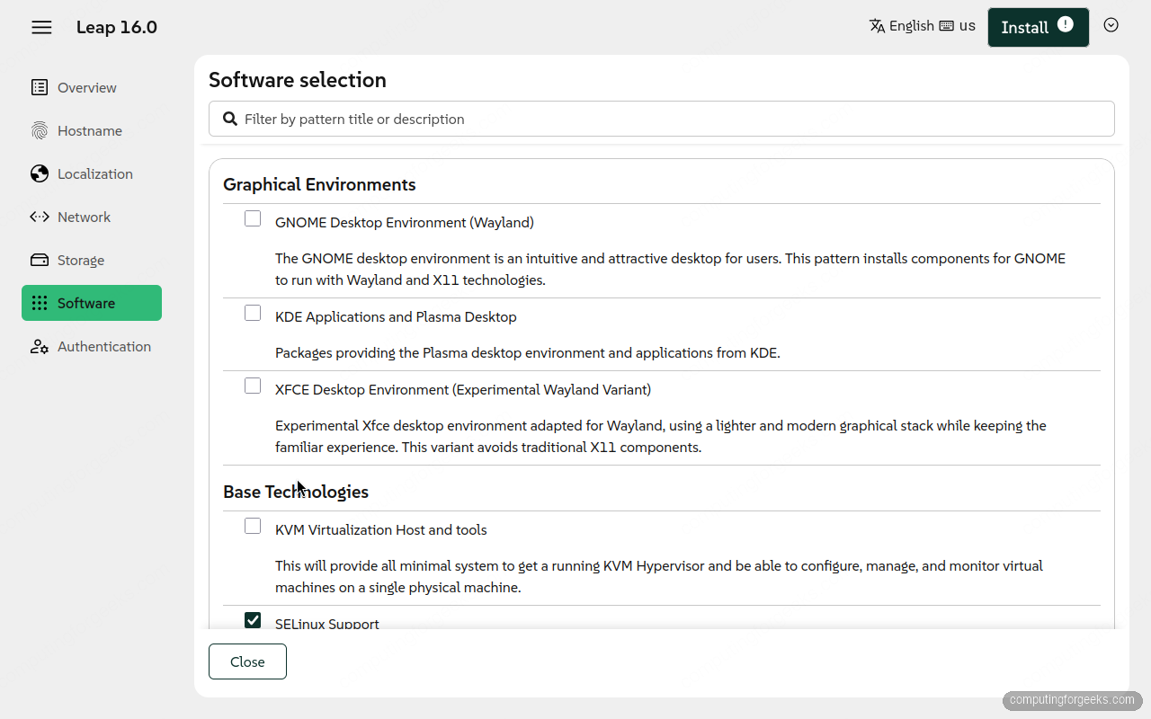 Install openSUSE Leap 16 Step-by-Step with Screenshots 4 openSUSE Leap 16 software pattern selection with GNOME, KDE Plasma and Xfce options