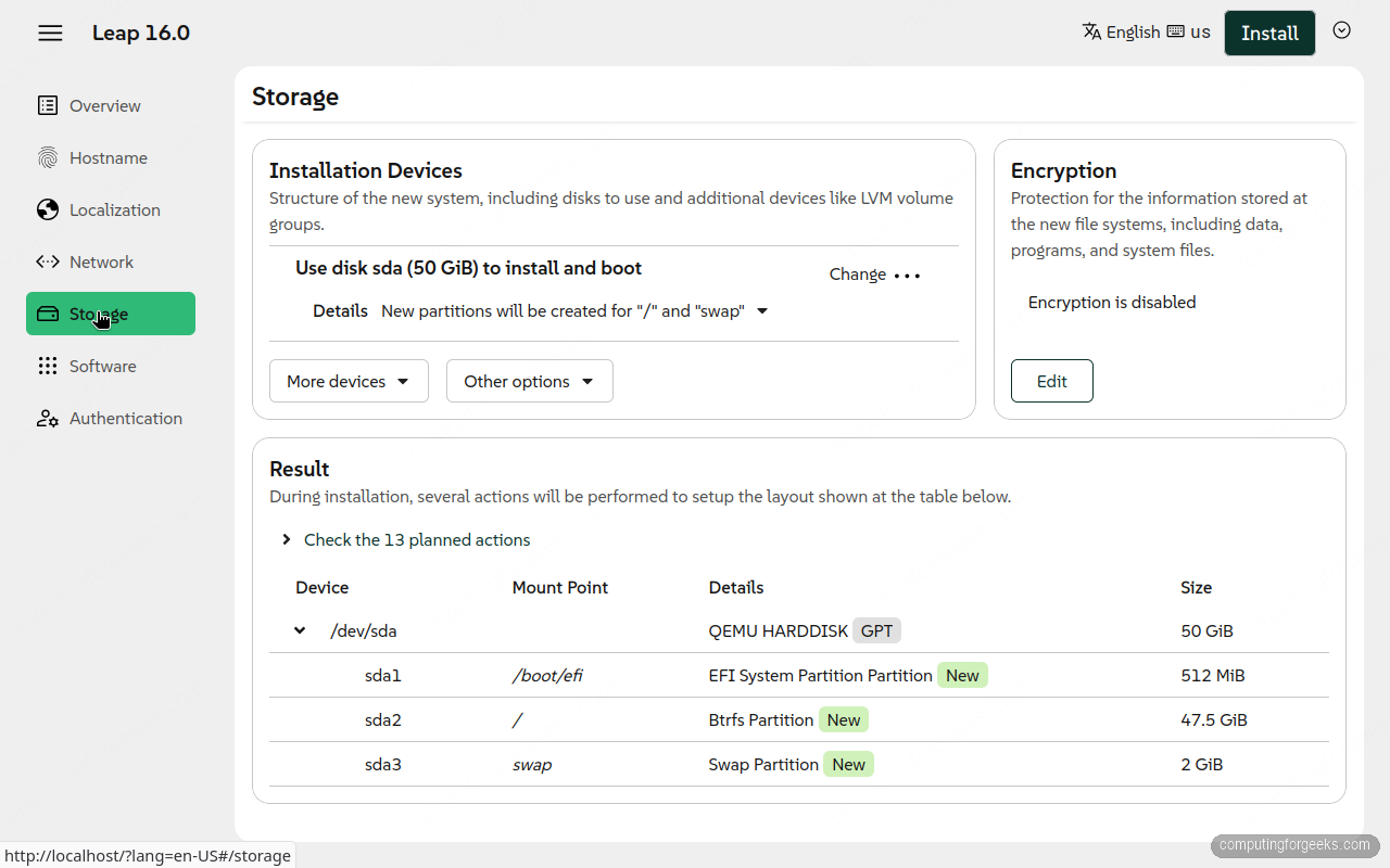 Install openSUSE Leap 16 Step-by-Step with Screenshots 5 openSUSE Leap 16 Btrfs storage partitioning layout in Agama