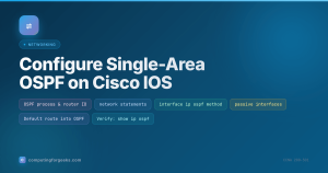 Configure single-area OSPF on Cisco IOS: process, methods, passive interfaces, default route, verification