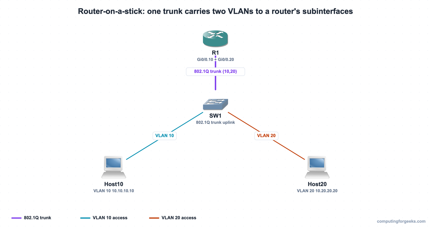 Router-on-a-stick topology, a router trunk to a switch with VLAN 10 and VLAN 20 hosts
