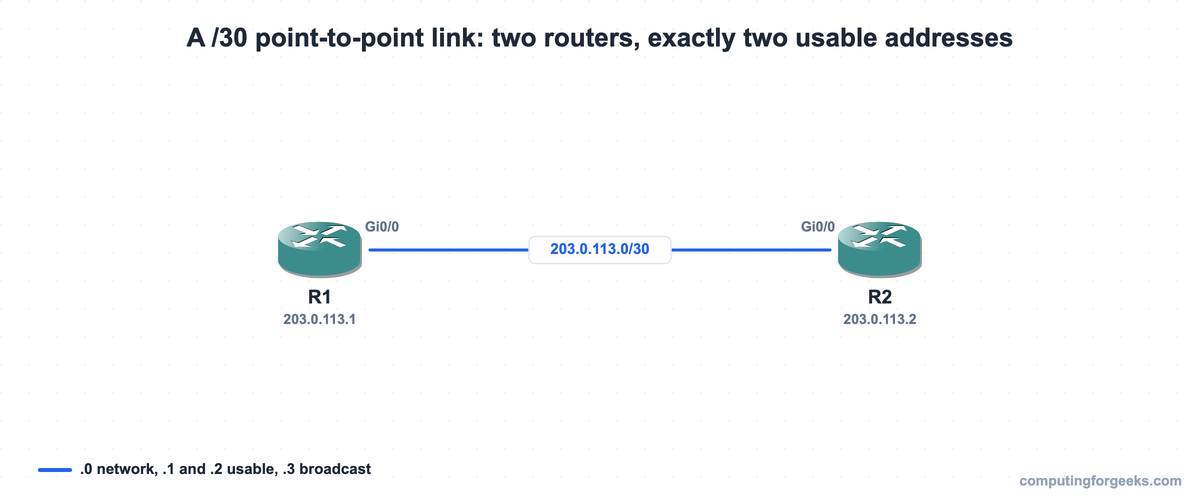 Topology of a /30 point-to-point link: router R1 at 203.0.113.1 and router R2 at 203.0.113.2, with .0 network and .3 broadcast
