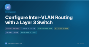 Inter-VLAN routing on a Layer 3 switch with SVIs: ip routing, per-VLAN gateways, hardware routing, verification