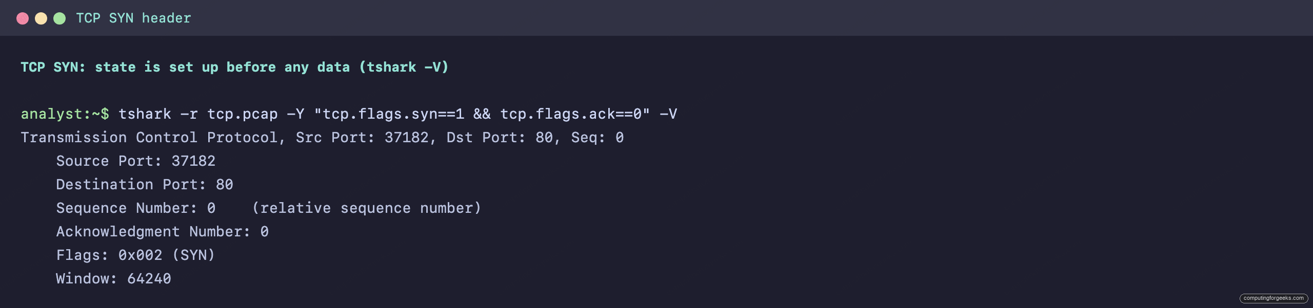 tshark TCP SYN header with sequence number, SYN flag, and window size fields
