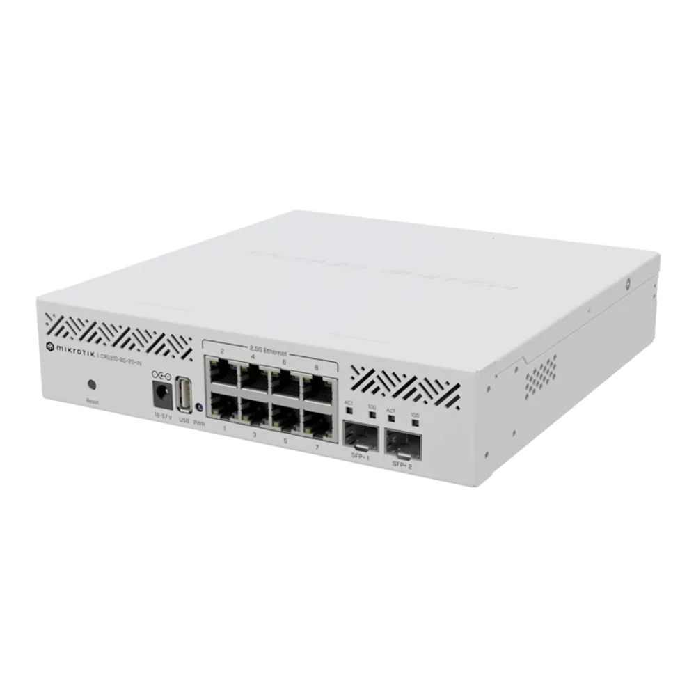 MikroTik CRS310-8G+2S+IN switch with eight 2.5GbE ports and two 10G SFP+ uplinks