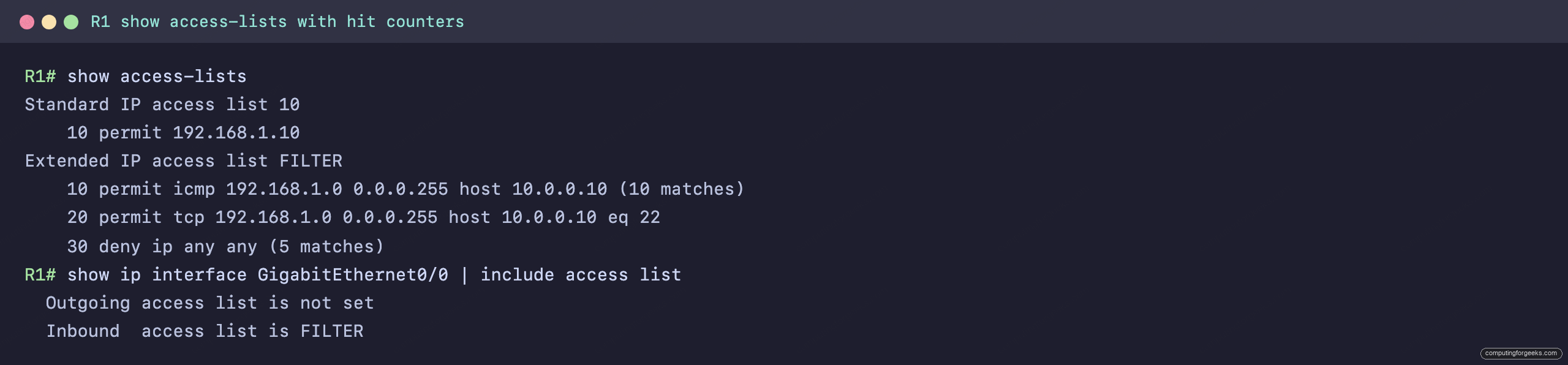 Configure Cisco Access Control Lists (ACLs) 3 Cisco IOS show access-lists output: standard ACL 10 and extended ACL FILTER with 10 matches on permit icmp and 5 matches on deny ip any any
