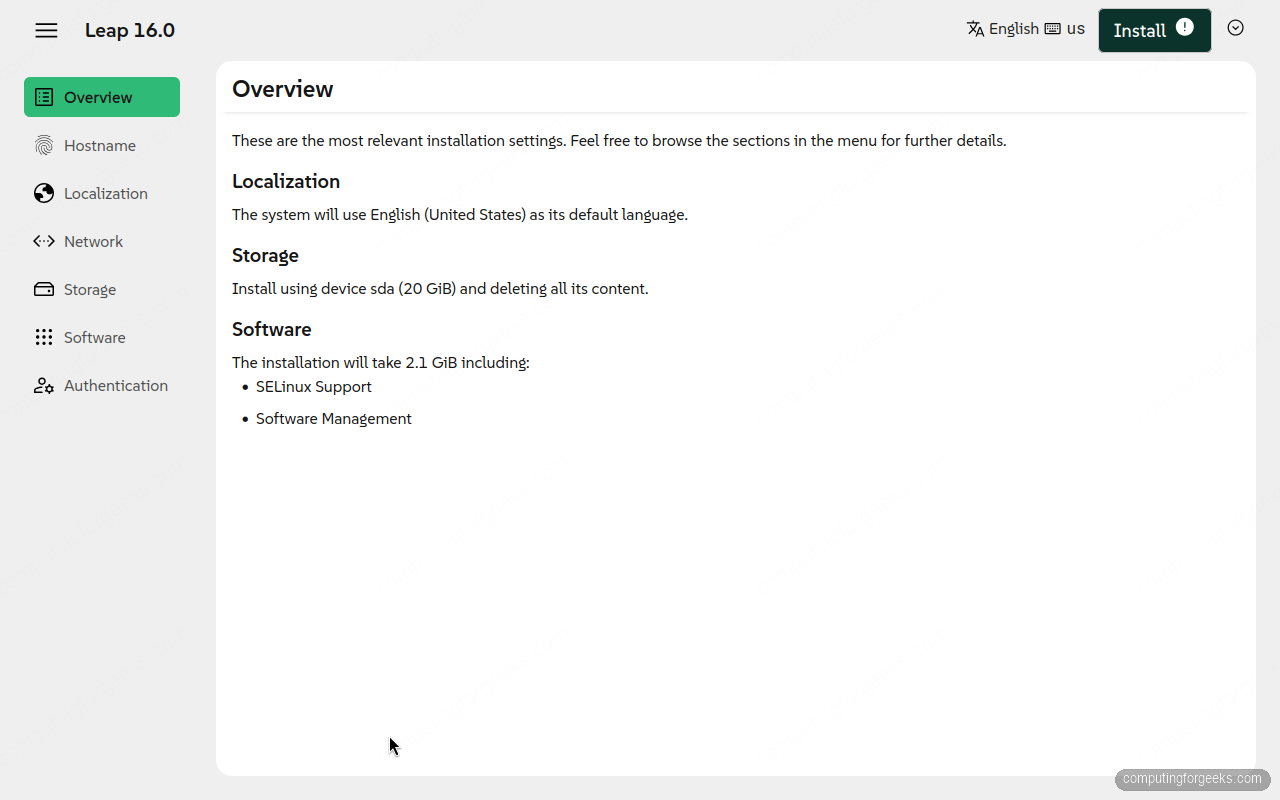 Agama single-page installation overview dashboard on openSUSE Leap 16