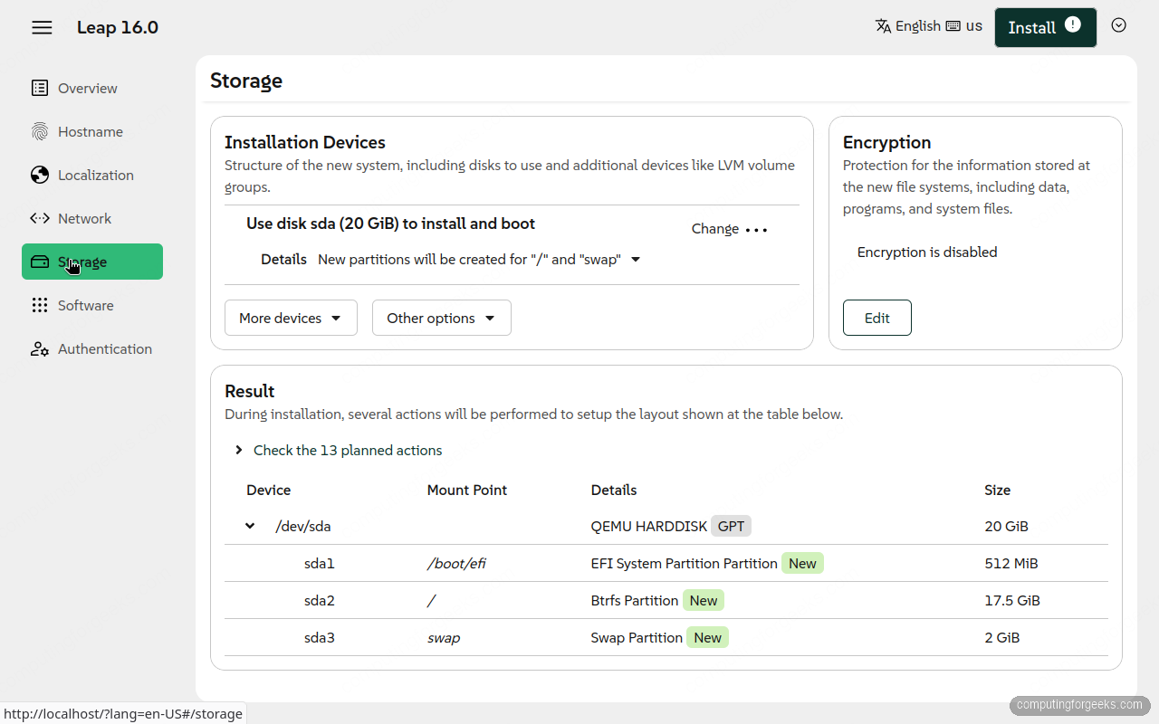 Agama storage section Btrfs partition layout on openSUSE Leap 16