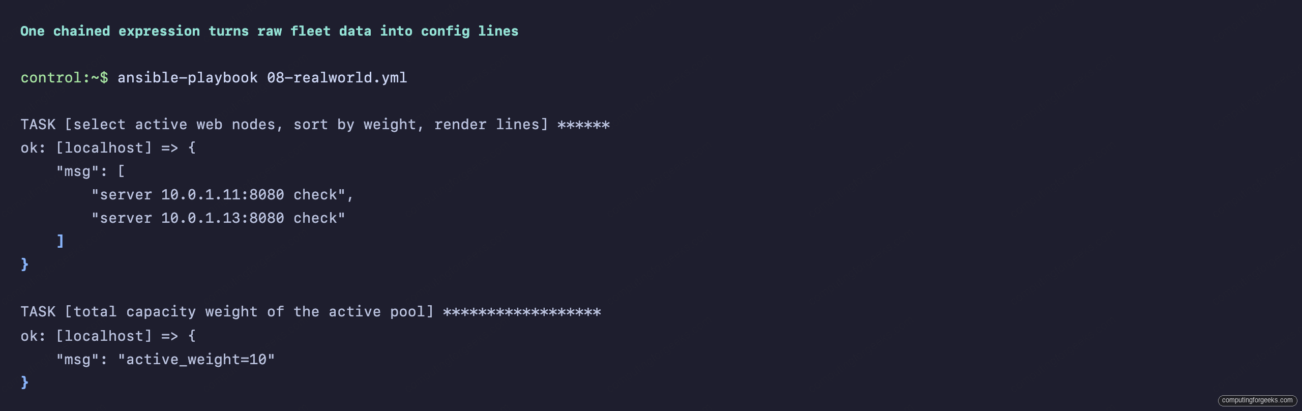 Chained Ansible filters transforming fleet data into upstream server lines