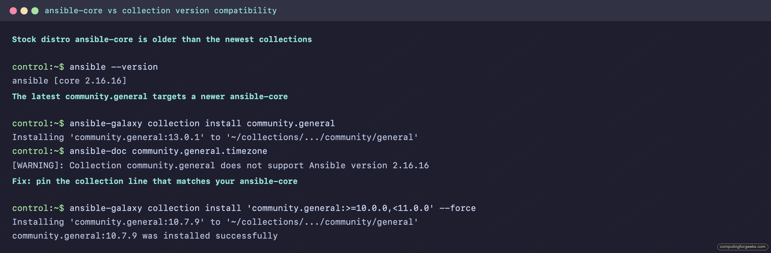 Pinning community.general to the 10.x line to match ansible-core 2.16 and clear the unsupported version warning