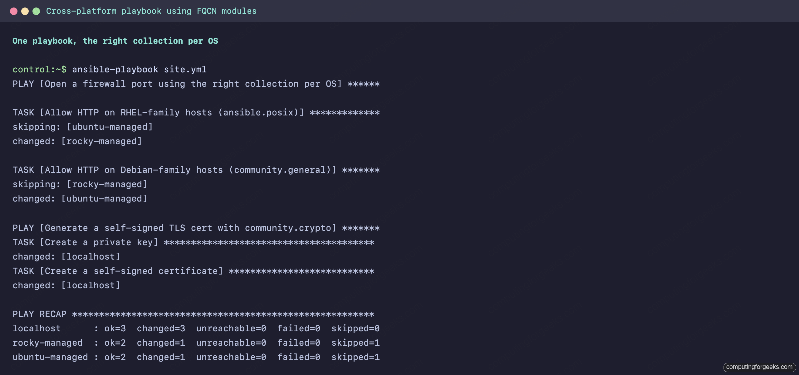 Ansible playbook run using ansible.posix.firewalld on Rocky and community.general.ufw on Ubuntu with a clean play recap