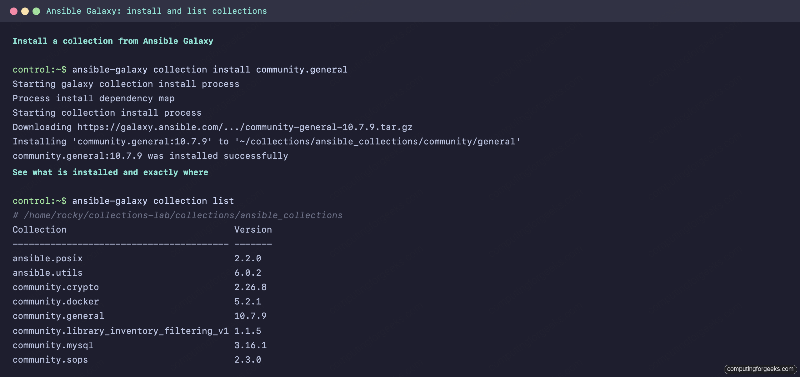 ansible-galaxy collection install and list output on Rocky Linux showing installed collections and versions