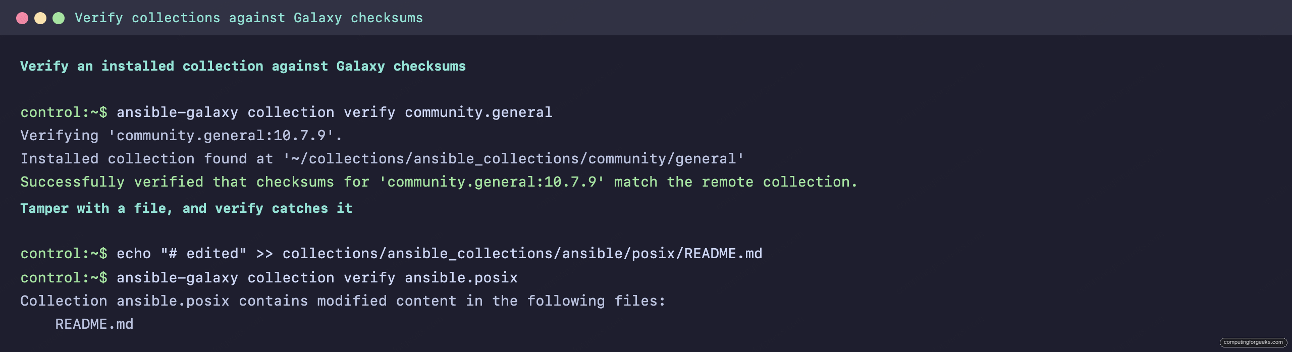 ansible-galaxy collection verify confirming checksums and then detecting a modified file in an installed collection
