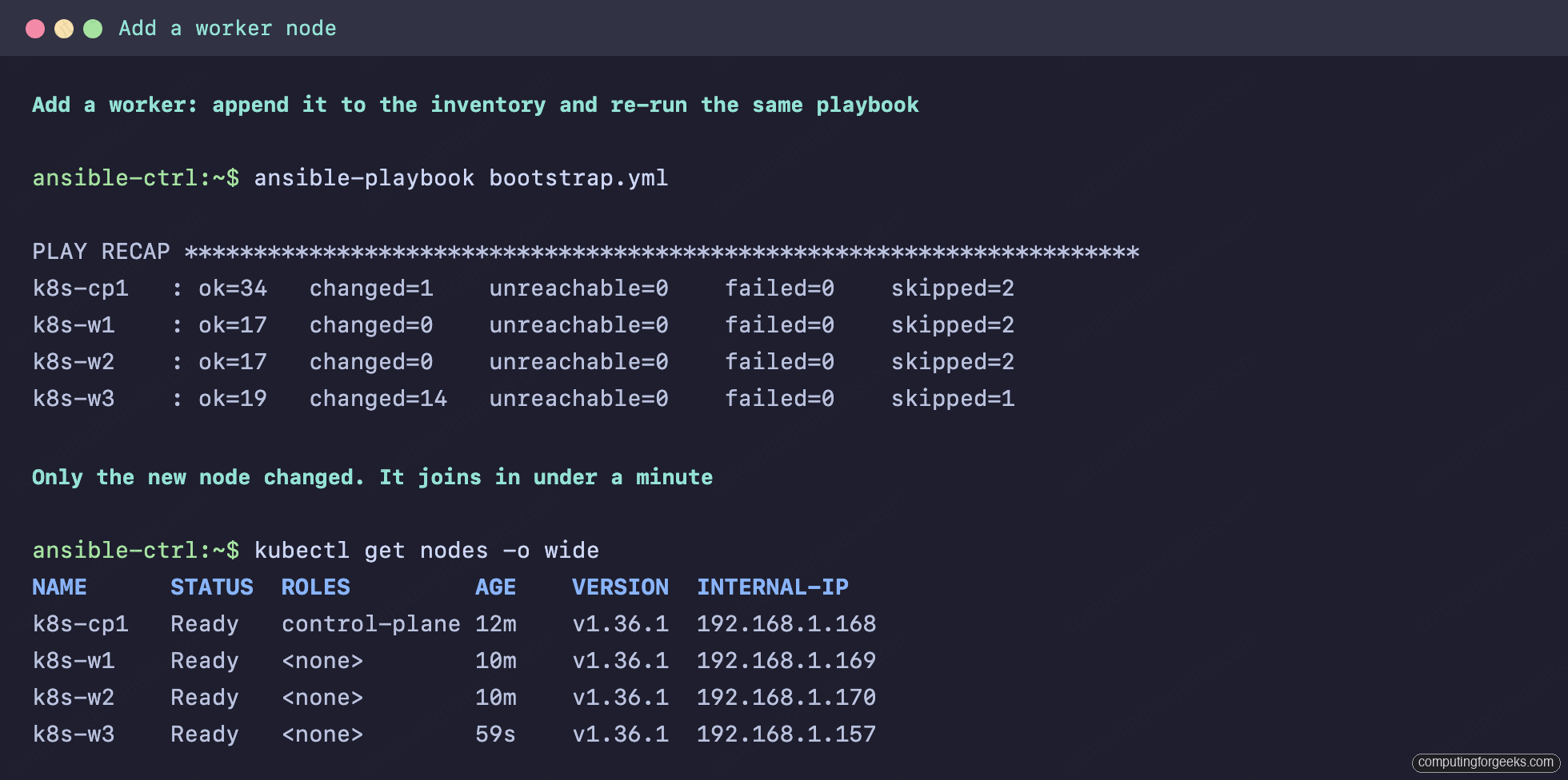 Ansible re-run joining a new worker with kubectl get nodes showing four Ready nodes