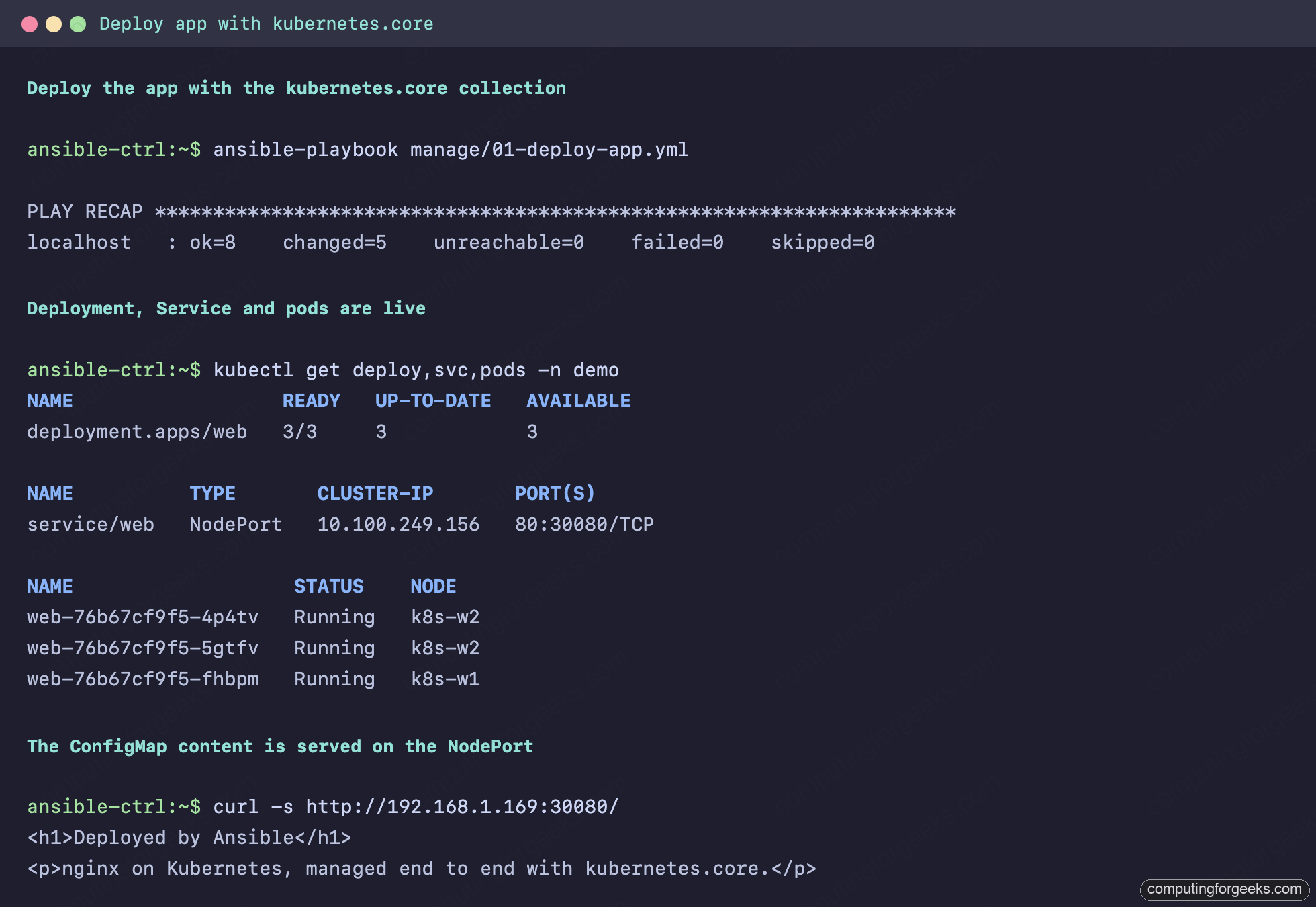 Ansible deploying an nginx Deployment, Service and pods on Kubernetes with kubernetes.core