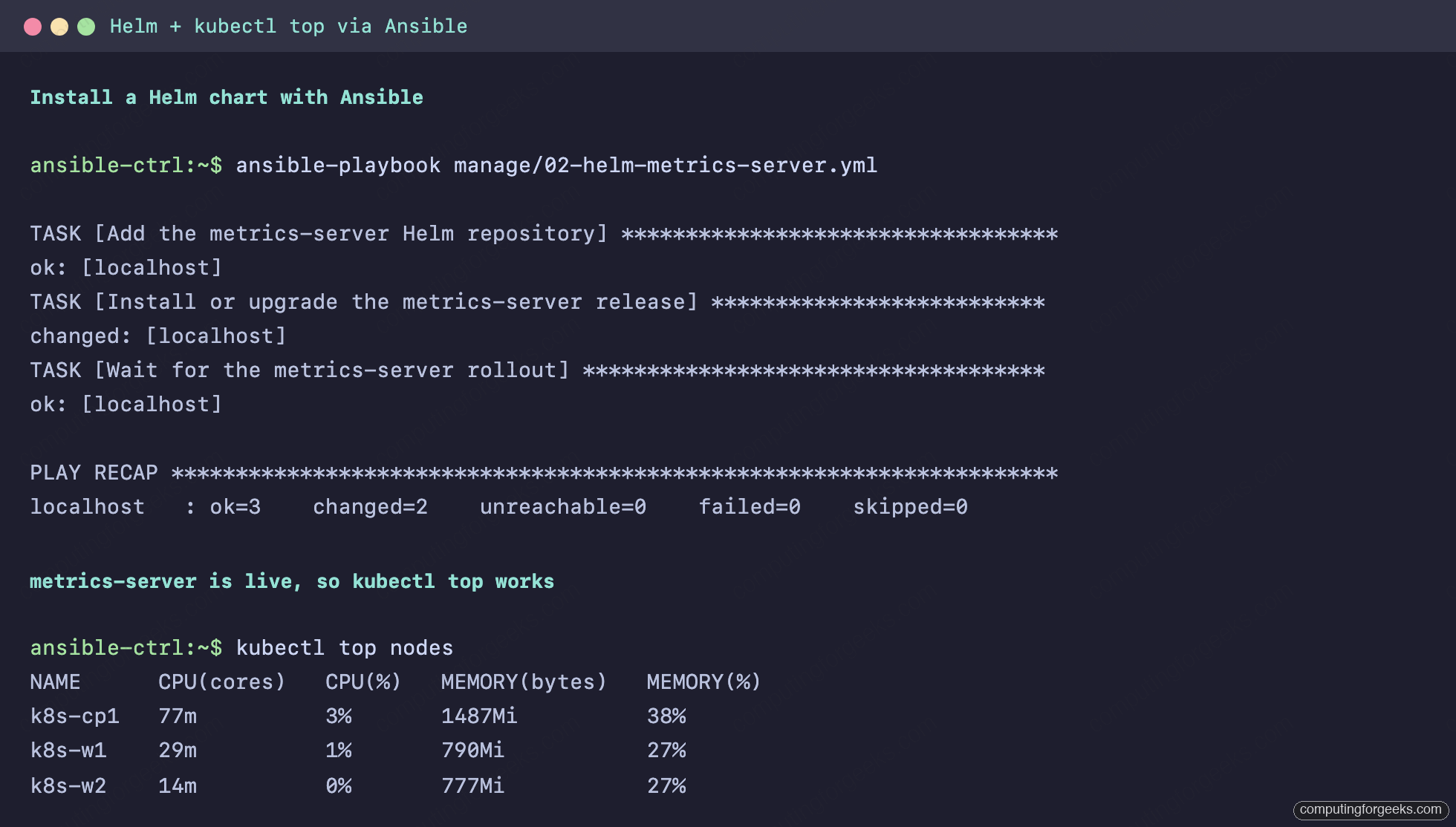 Ansible Helm playbook installing metrics-server with kubectl top nodes output