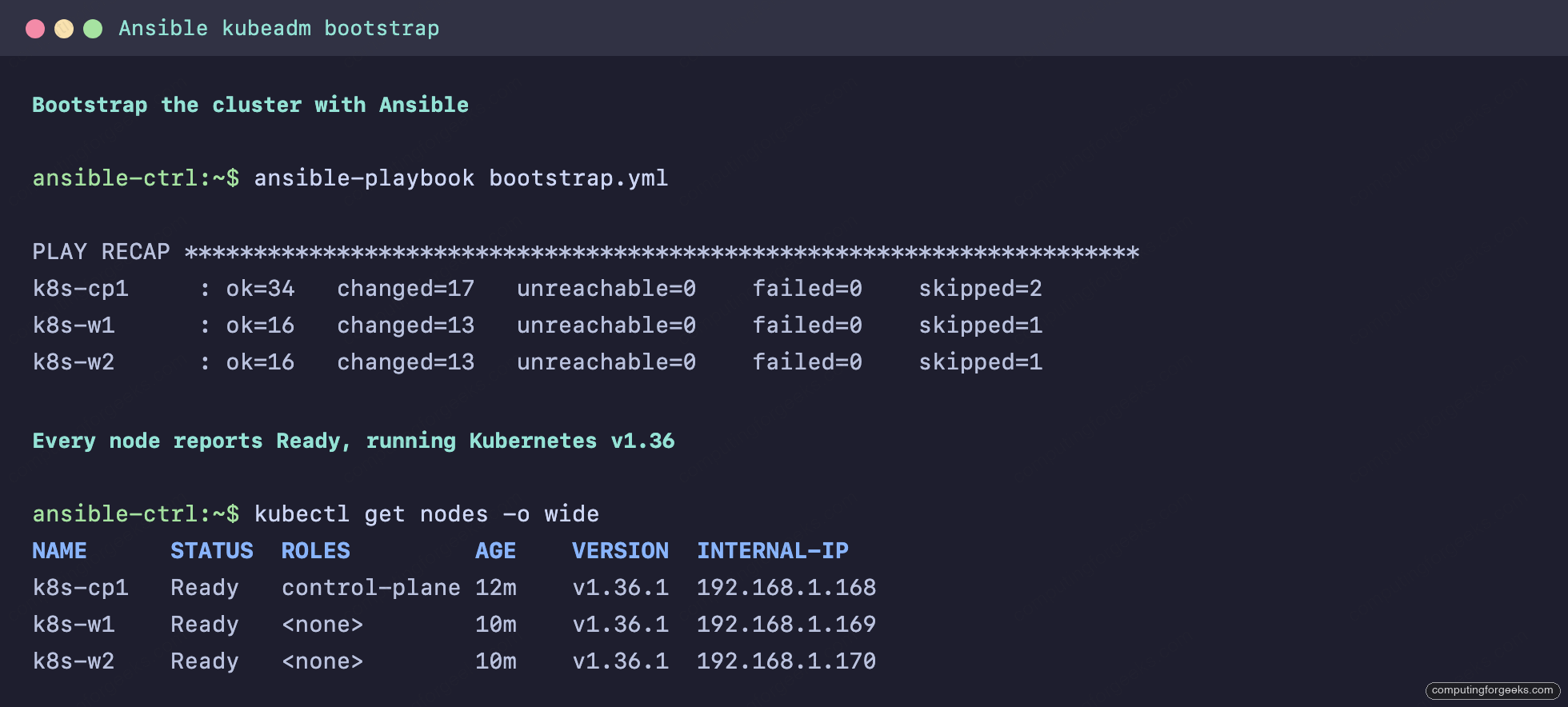 Ansible playbook output showing three Kubernetes 1.36 nodes in Ready state