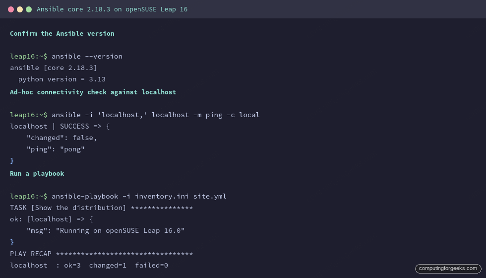 ansible --version ad-hoc ping and playbook PLAY RECAP on openSUSE Leap 16