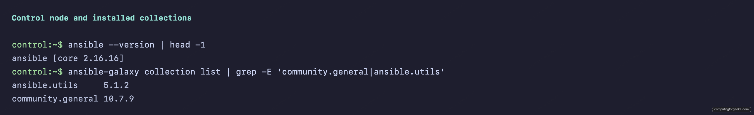 ansible --version and collection list on a Rocky Linux 10 control node