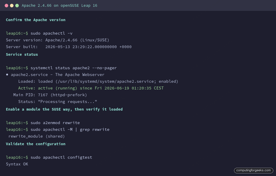 Install Apache HTTP Server on openSUSE Leap 16 2 Apache version, systemctl status and a2enmod on openSUSE Leap 16 terminal