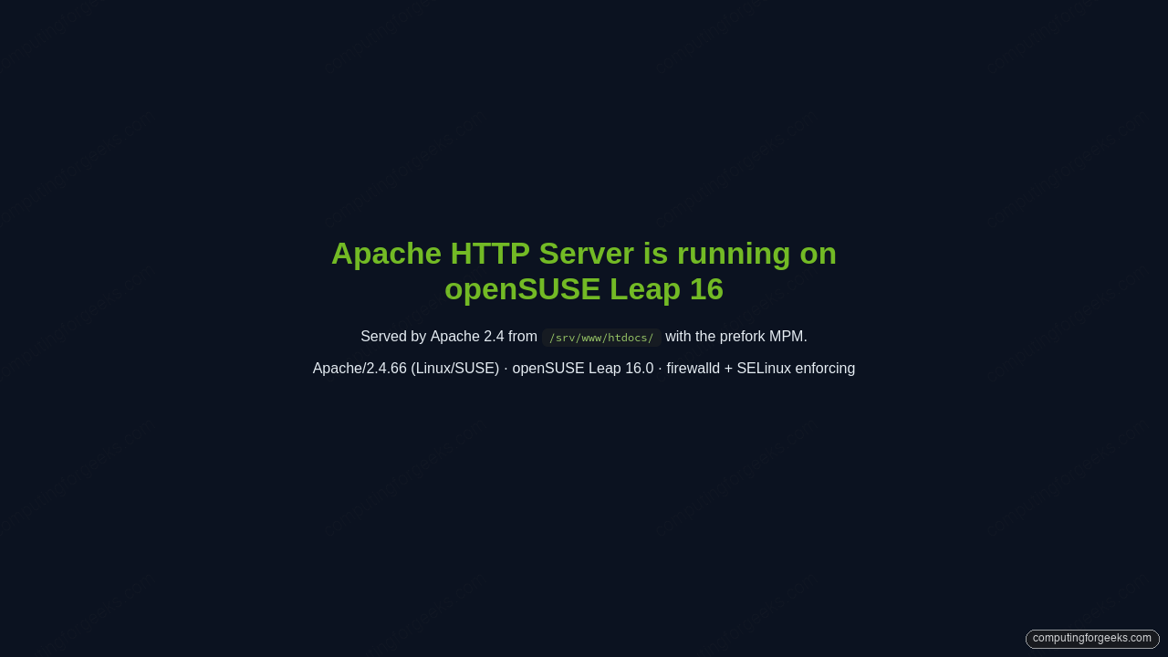 Install Apache HTTP Server on openSUSE Leap 16 1 Apache web server welcome page in browser on openSUSE Leap 16