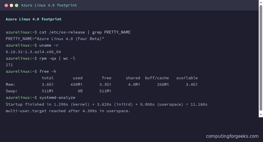 Azure Linux 4.0 terminal showing 271 packages, 430MB RAM use and an 11 second boot