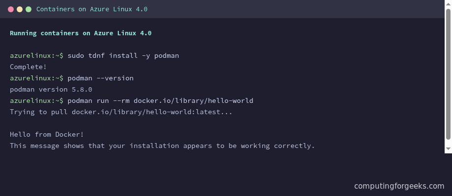 Azure Linux 4.0 installing Podman 5.8 and running a Docker Hub hello-world container