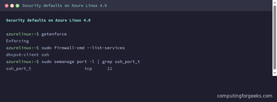 Azure Linux 4.0 terminal showing getenforce Enforcing, firewalld services, and the ssh_port_t SELinux port label