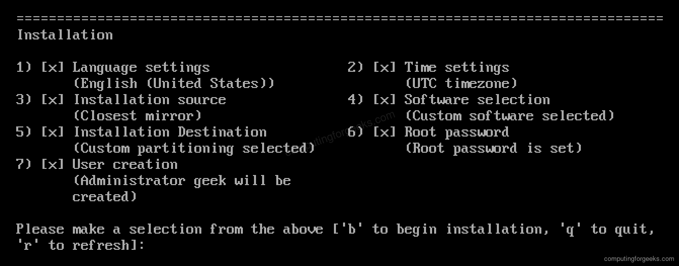 Azure Linux 4.0 Anaconda text installer summary with root password set and an administrator user to be created