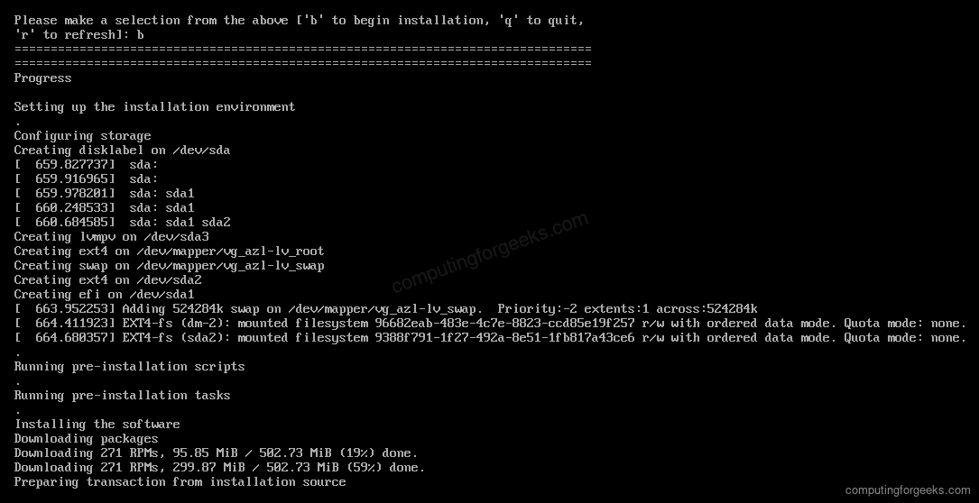Azure Linux 4.0 installation in progress, partitioning the disk and installing 271 RPM packages