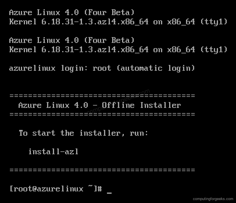 Azure Linux 4.0 offline installer start screen with install-azl prompt