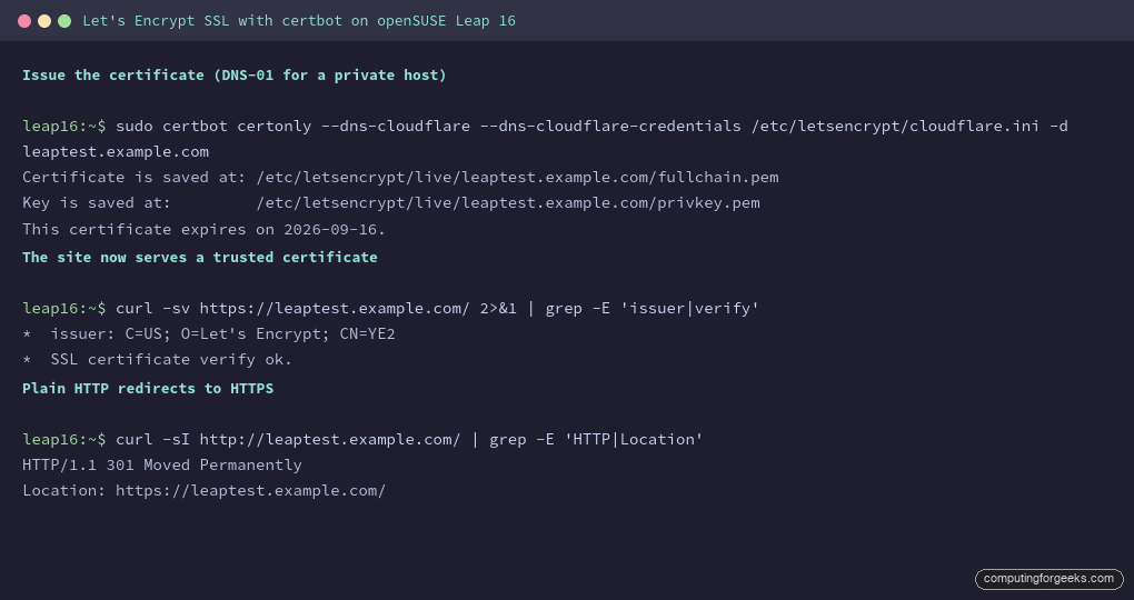 certbot certonly issue Let us Encrypt cert and HTTPS verify ok on openSUSE Leap 16