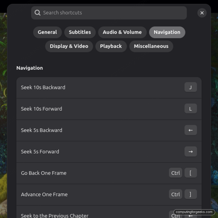 Cine video player keyboard shortcuts reference window grouped by category