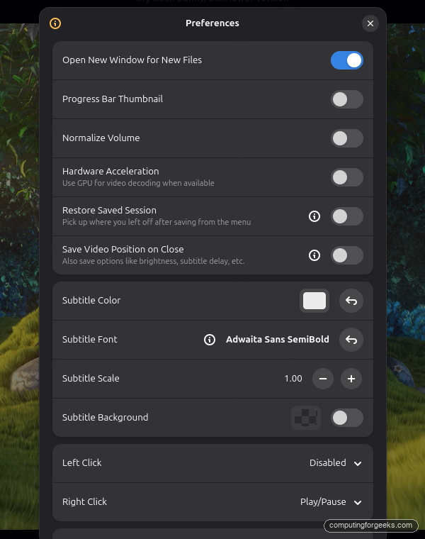Cine video player preferences showing hardware acceleration, normalize volume, and subtitle options