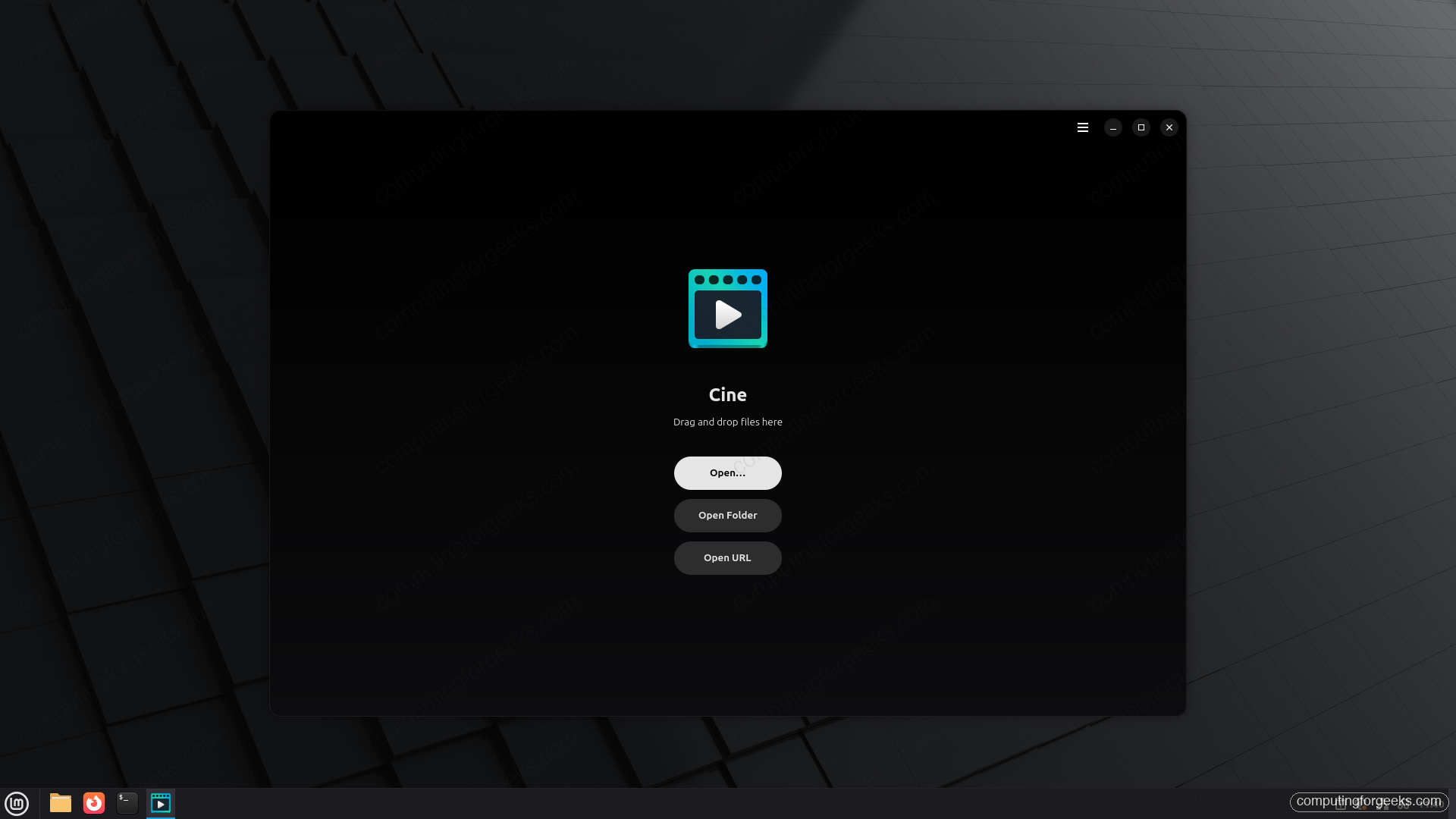 Cine video player welcome screen on Linux with Open, Open Folder, and Open URL buttons