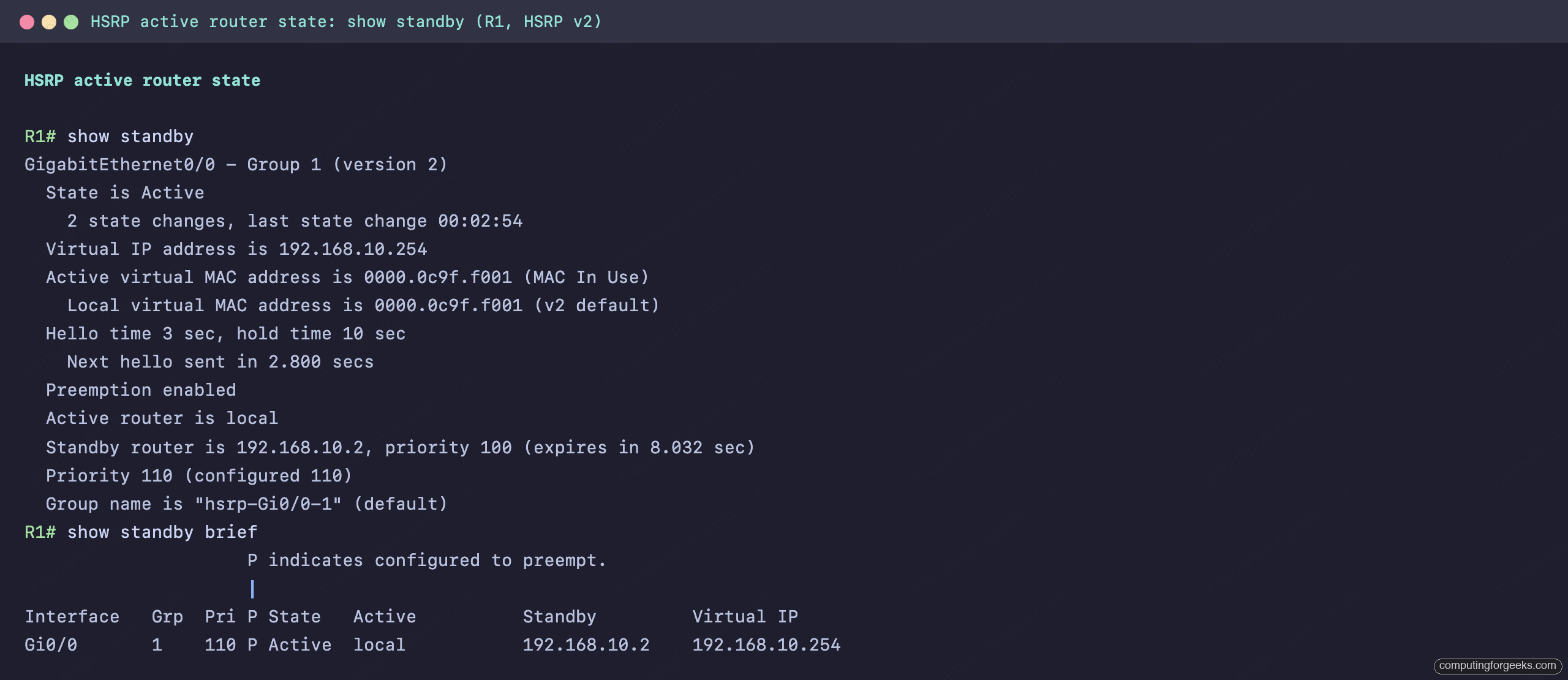Cisco IOS show standby output: R1 active, virtual IP 192.168.10.254, virtual MAC 0000.0c9f.f001, priority 110, preemption enabled
