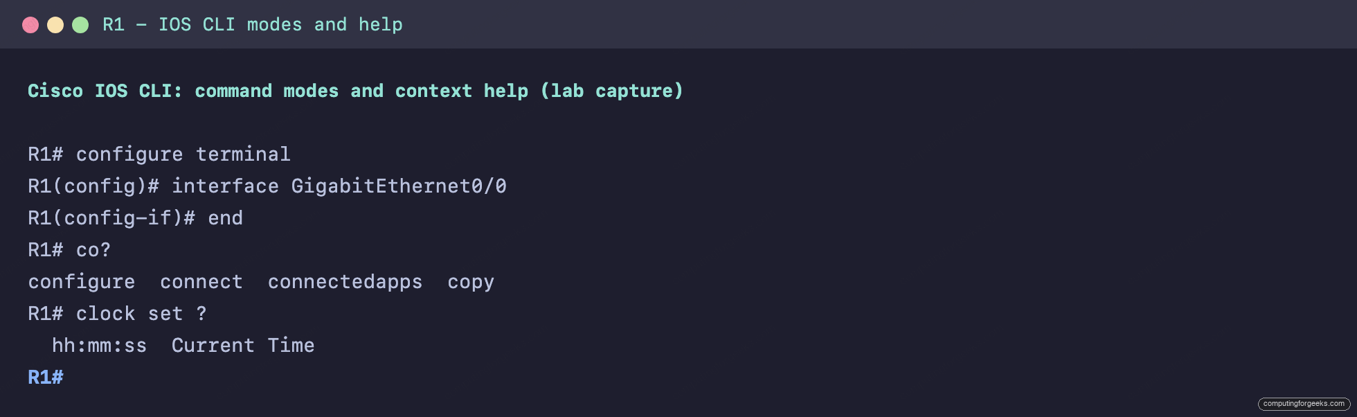 Cisco IOS CLI showing command mode transitions and question-mark context help on R1