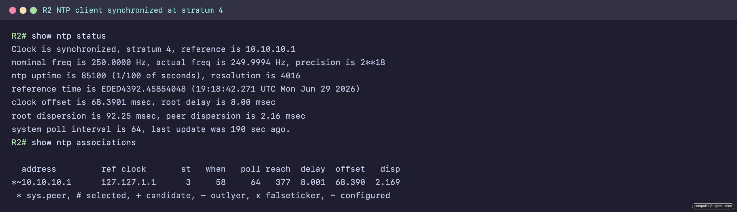 Cisco show ntp status on R2 NTP client, clock synchronized at stratum 4 referencing 10.10.10.1 with reach 377