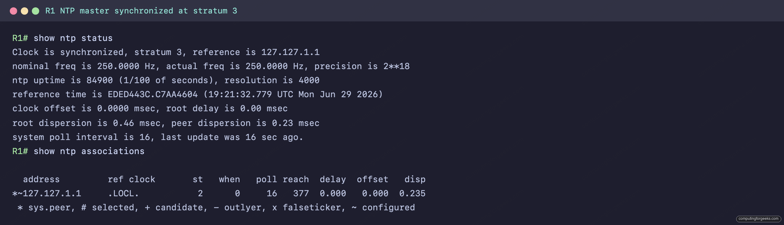 Cisco show ntp status and show ntp associations on R1 NTP master, clock synchronized at stratum 3, reach 377