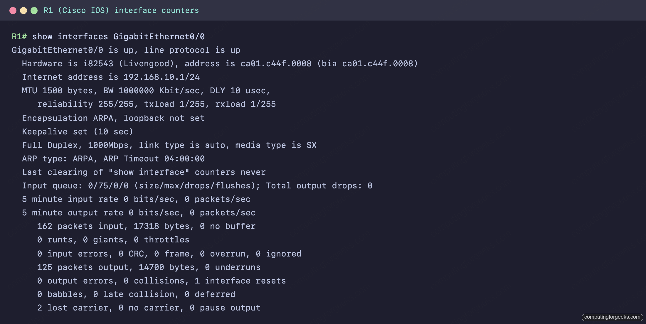 Cisco show interfaces GigabitEthernet output showing duplex, speed, and the error counter block including CRC and late collision