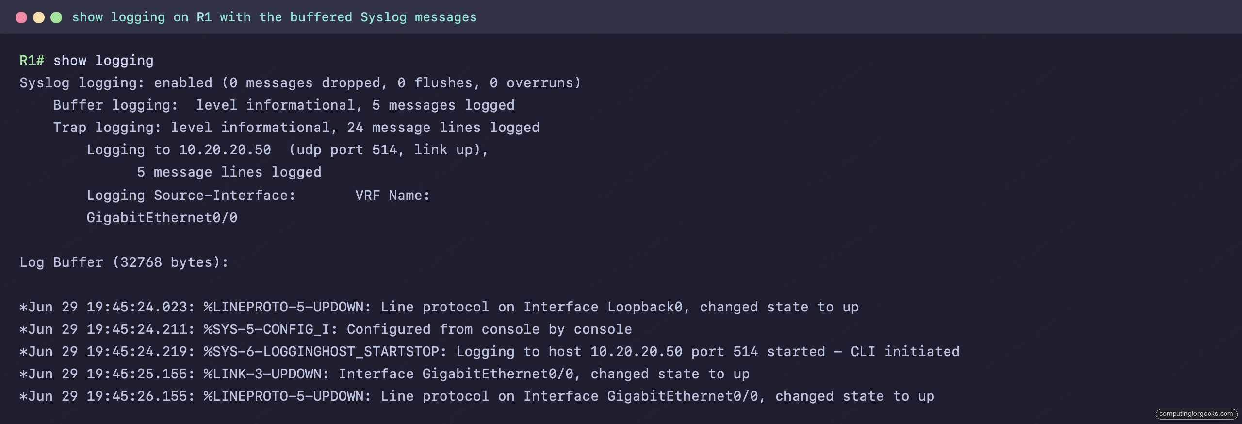 Cisco show logging output: trap level informational, logging host 10.20.20.50, and real Syslog messages with severity levels